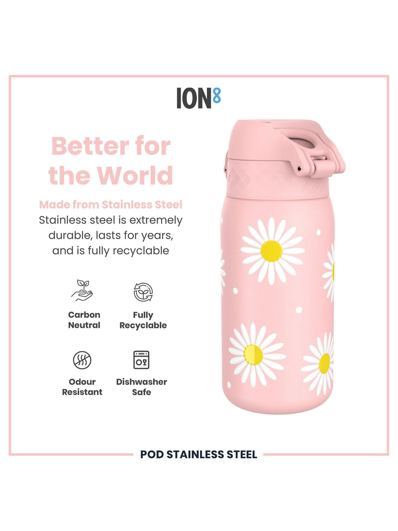 Ion8 Daisy stainless steel water bottle in Rose Quartz, 400ml, UK version