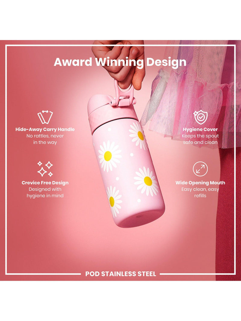 Ion8 Daisy stainless steel water bottle in Rose Quartz, 400ml, UK version