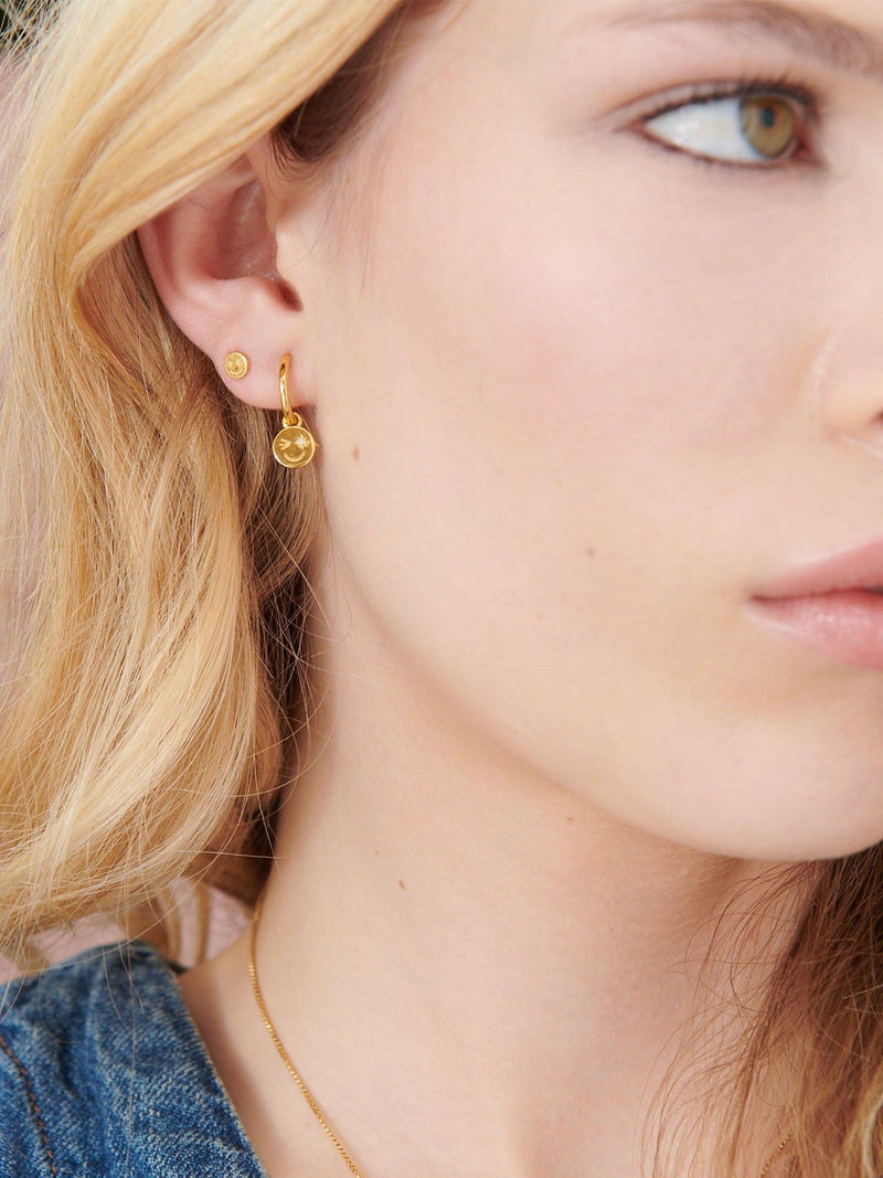 Rachel Jackson London gold plated smiley huggie hoop earrings, imported from the UK