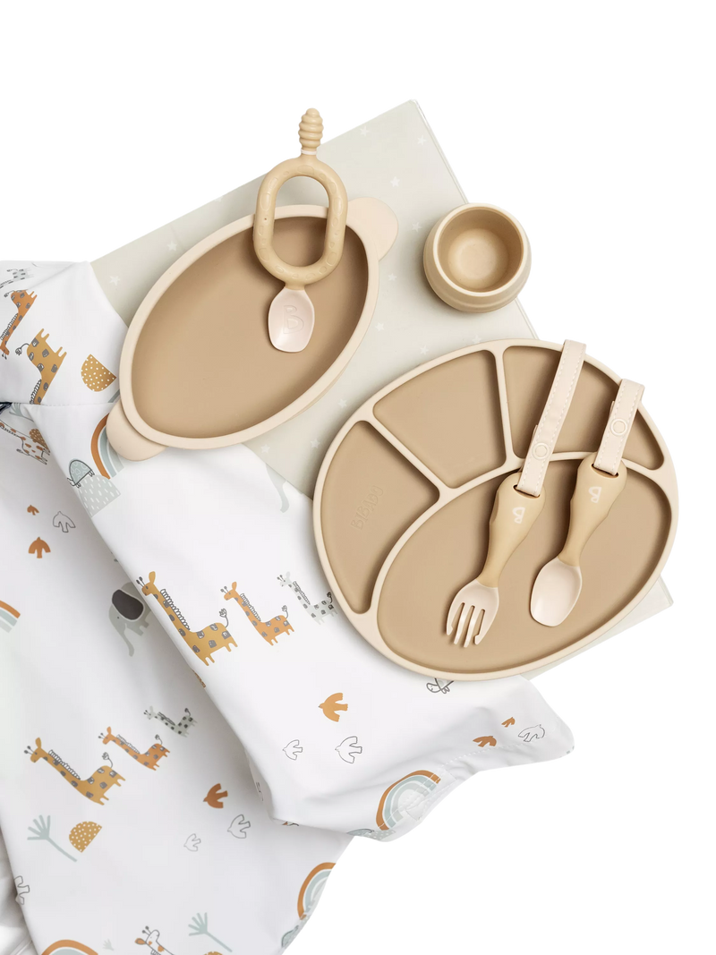 Bibado weaning bundle with bib, plate, bowl, and cutlery - British product