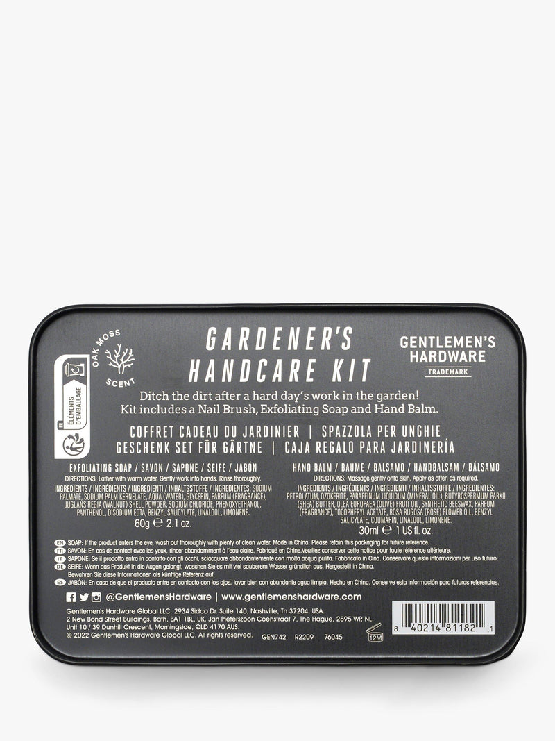 Gentlemen's Hardware gardening hand care kit with nail brush, soap, and balm, UK version