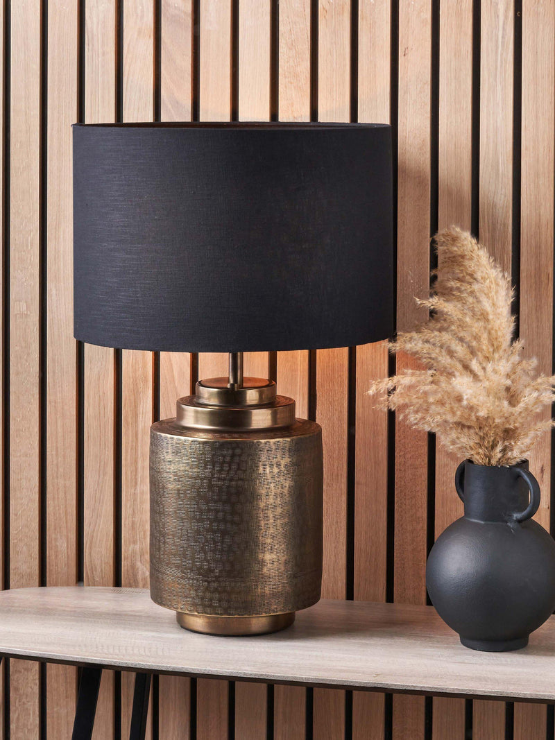 Pacific Zuri table lamp brass hand-hammered linen shade (British brand)