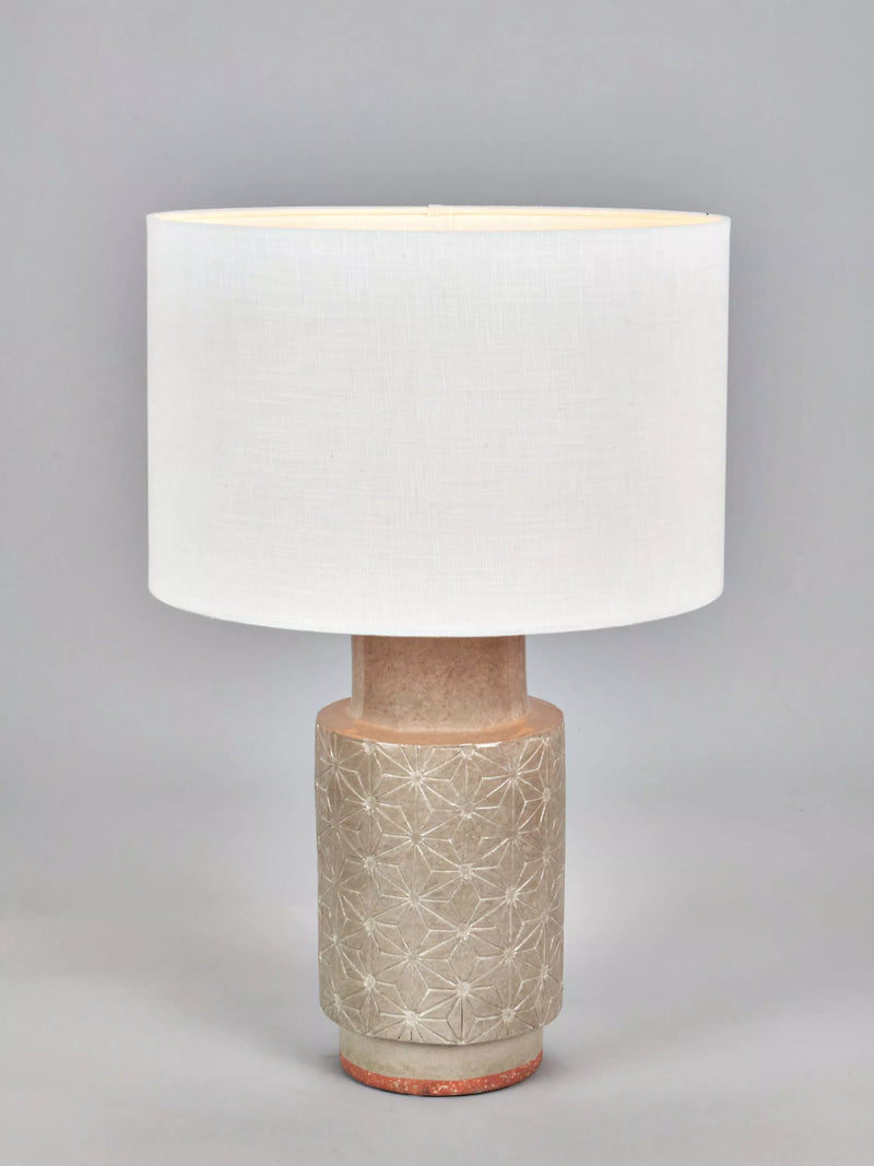 Pacific Sidra grey ceramic table lamp with woven shade, imported from the UK