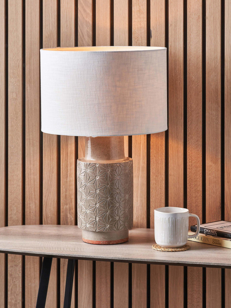 Pacific Sidra grey ceramic table lamp with woven shade, imported from the UK