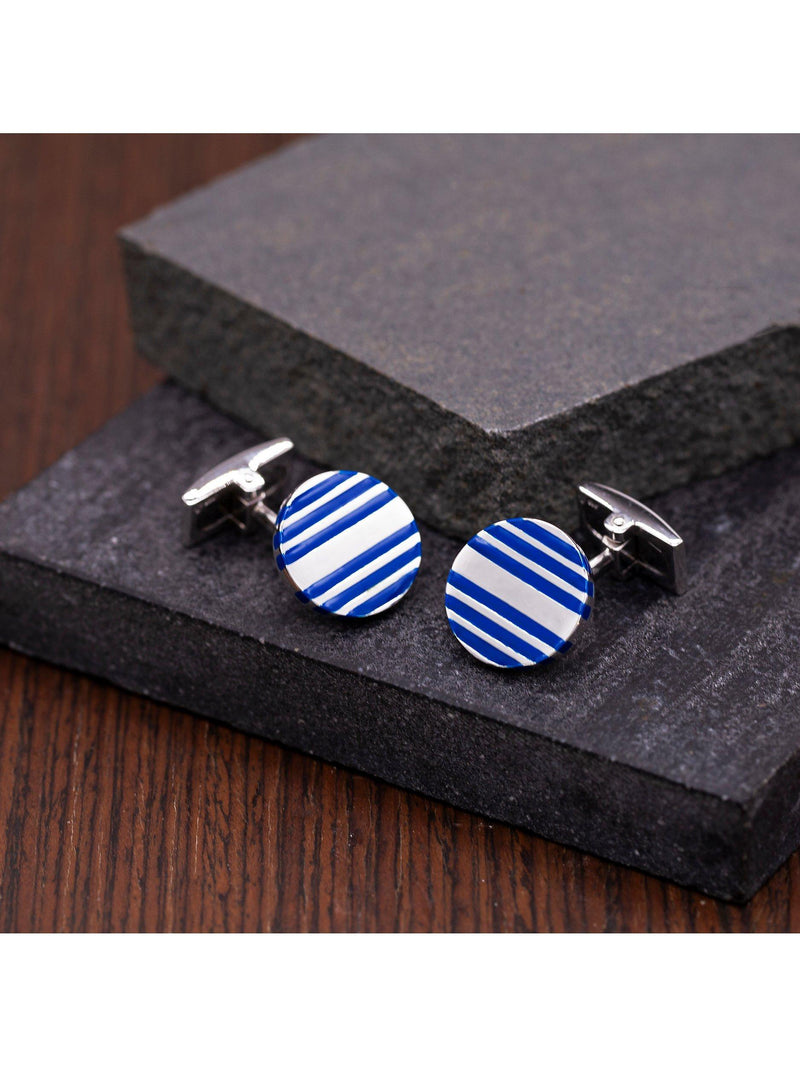 Hoxton London enamel stripe round cufflinks, silver-blue - British product