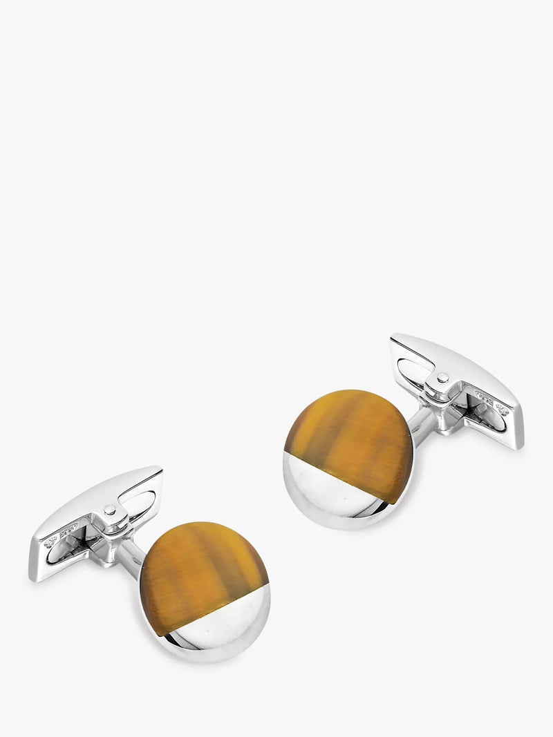 Hoxton London Tiger's Eye Circular Cufflinks, Silver/Brown