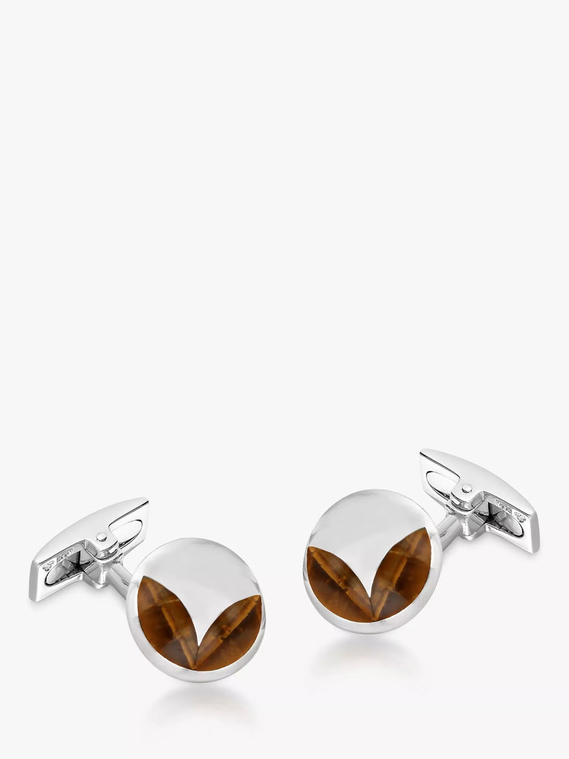 Hoxton London Tiger's Eye Round Cufflinks, Silver/Brown