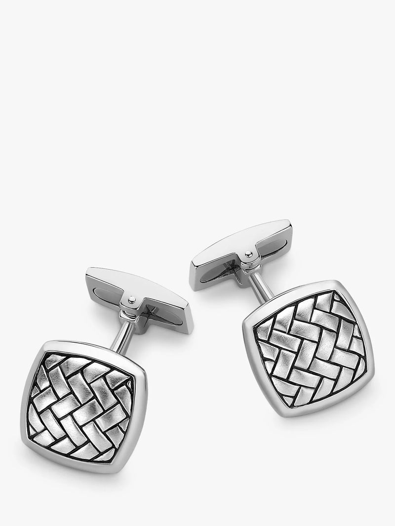 Hoxton London Rhodium Plated Herringbone Square Cufflinks, Silver