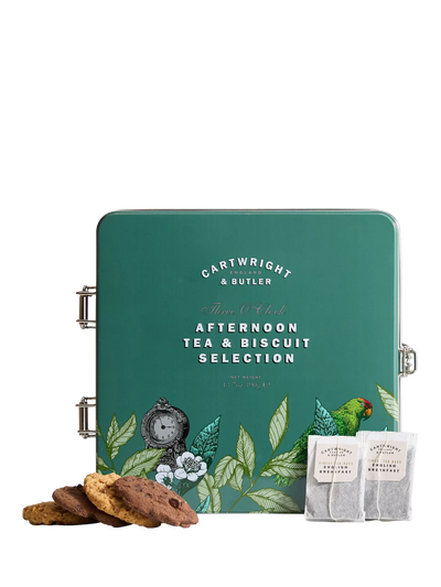 John Lewis Tea and Biscuits Selection Gift Tin with Chocolate Brownie and Sea Salted Caramel Oat Crumbles- Buy online at McGrocer