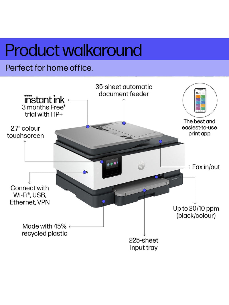 HP OfficeJet Pro 8132e all-in-one wireless printer with touch screen, UK version