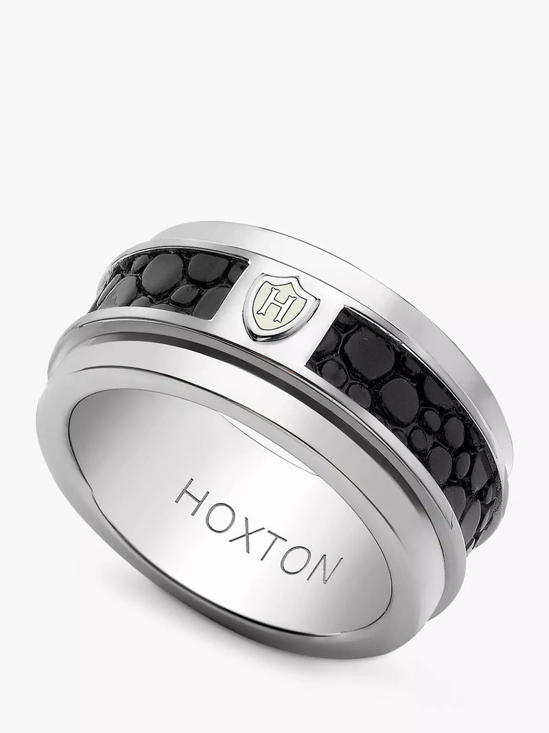 Hoxton London Men's Sterling Silver Black Printed Leather Spinning Ring
