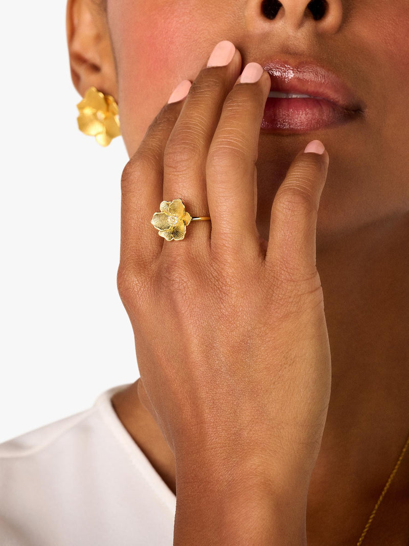 DPT Antwerp diamond jasmine flower ring 18ct gold plated, imported from the UK