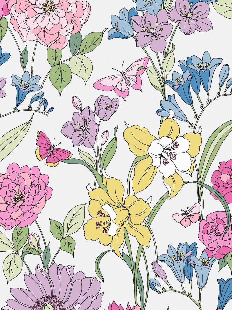 Line-Drawn Floral Pattern Wallpaper with Butterflies