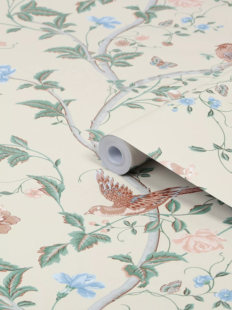 Laura Ashley Summer Palace wallpaper in sage and apricot (British brand)