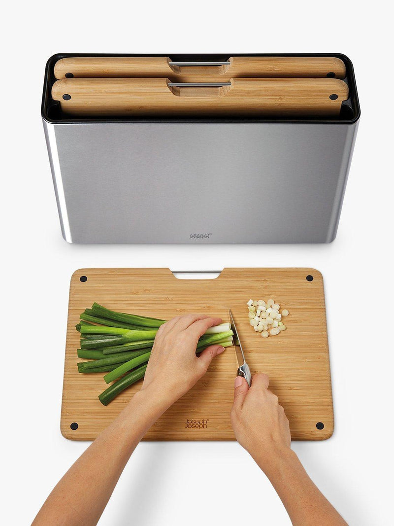 Joseph Joseph Folio bamboo chopping boards set stainless steel case - British product