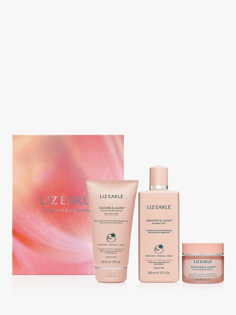 Radiant glow skincare gift set with gel cleanser, exfoliating tonic, and illuminating moisturiser, UK version
