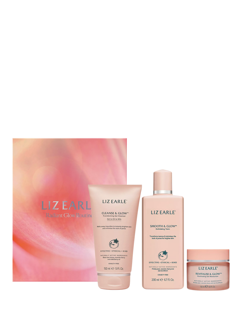 Radiant glow skincare gift set with gel cleanser, exfoliating tonic, and illuminating moisturiser, UK version