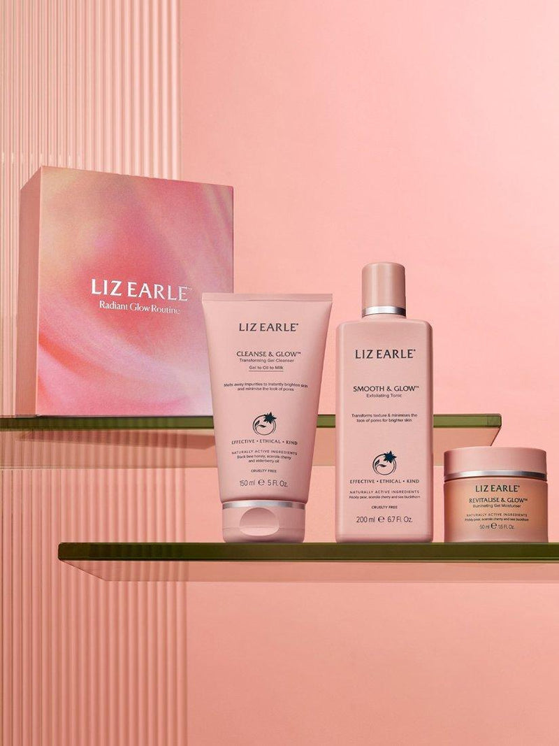 Radiant glow skincare gift set with gel cleanser, exfoliating tonic, and illuminating moisturiser, UK version