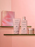 Radiant glow skincare gift set with gel cleanser, exfoliating tonic, and illuminating moisturiser, UK version