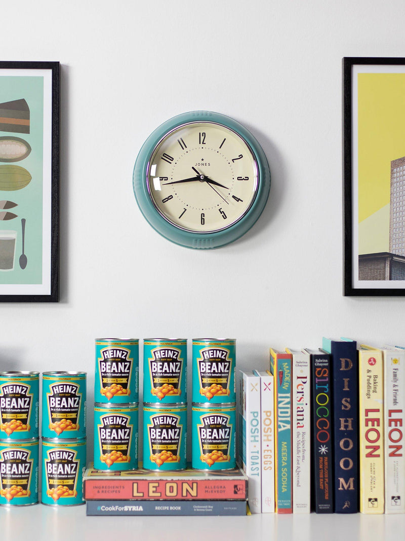 Jones Clocks small vintage-inspired analogue wall clock with retro dial, 24.5cm, UK version