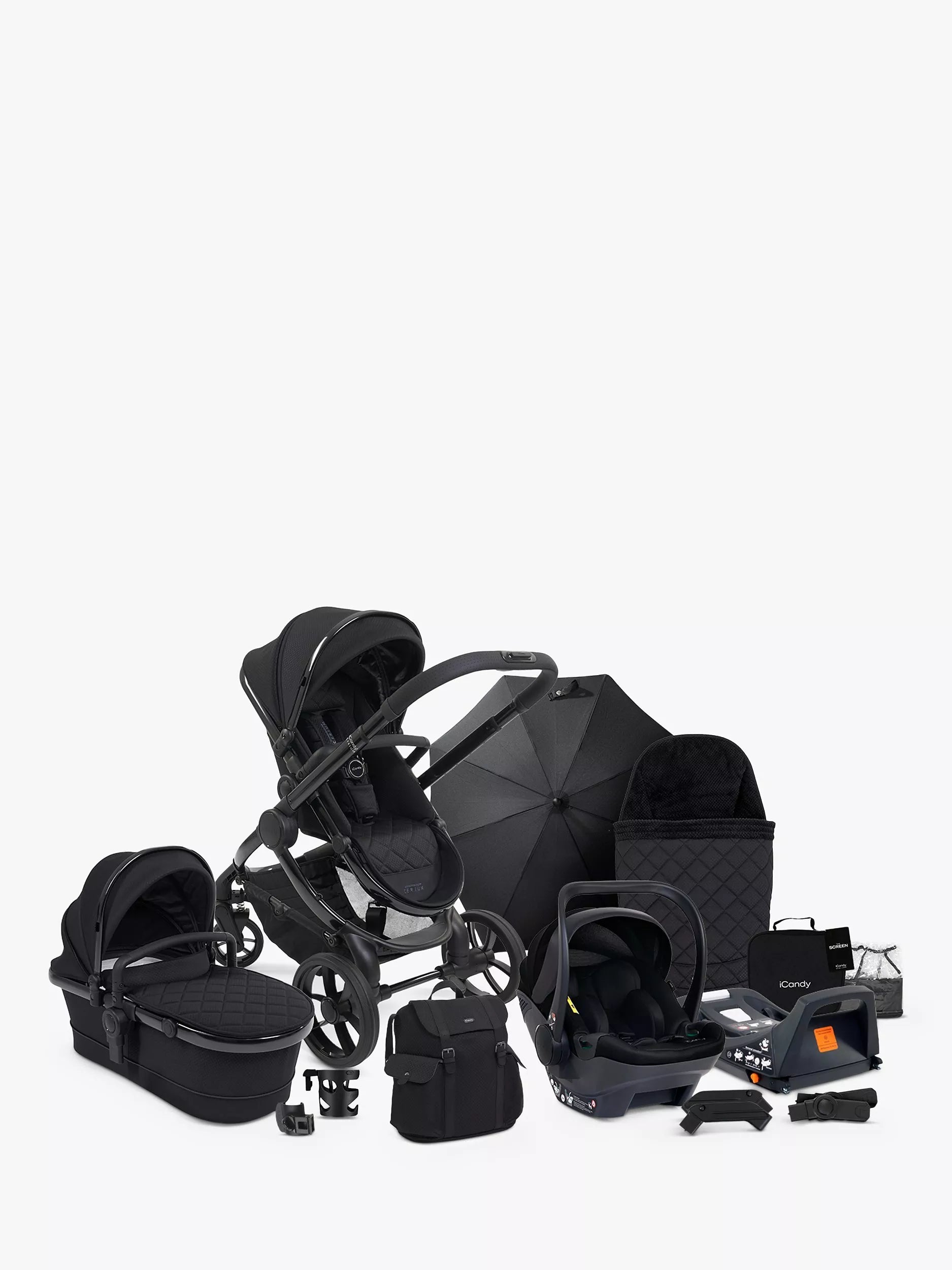iCandy Peach 7 Designer Collection Pushchair, Carrycot & Accessories with Cocoon Car Seat and Base Travel Bundle, Cerium Black - McGrocer