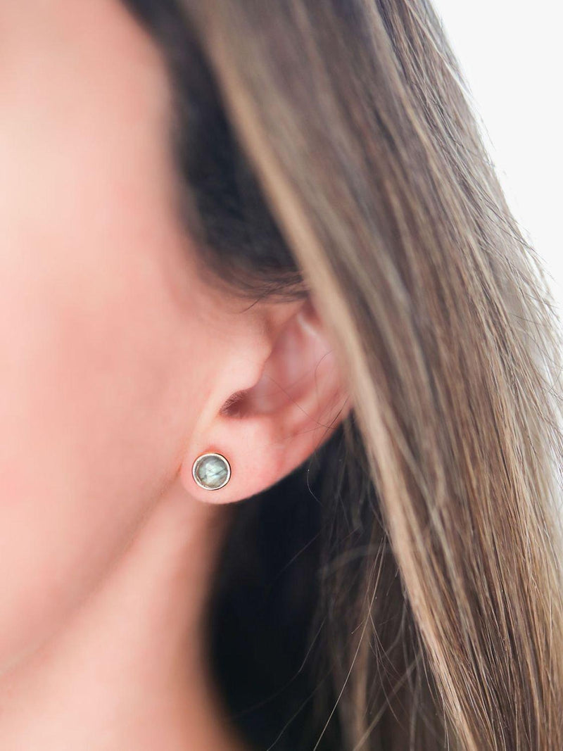 Auree labradorite stud earrings in gold, imported from the UK