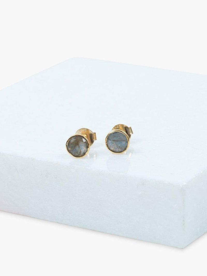 Auree labradorite stud earrings in gold, imported from the UK