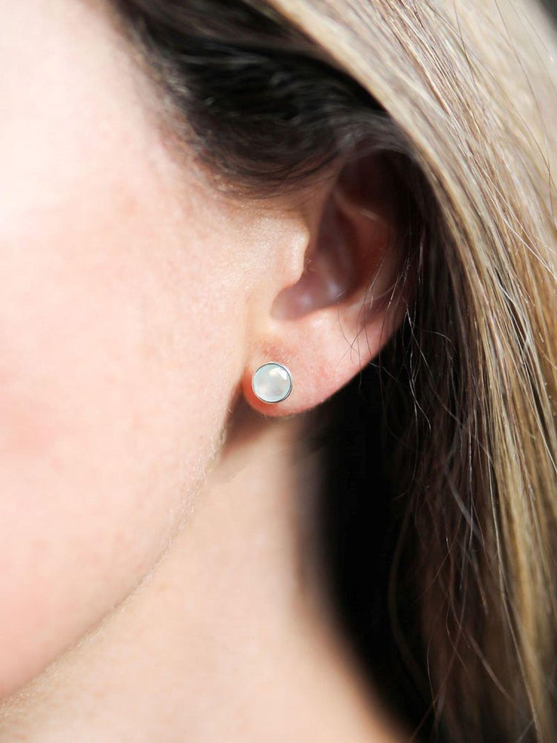 Auree aqua chalcedony stud earrings in sterling silver, UK version