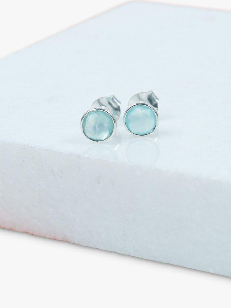 Auree aqua chalcedony stud earrings in sterling silver, UK version