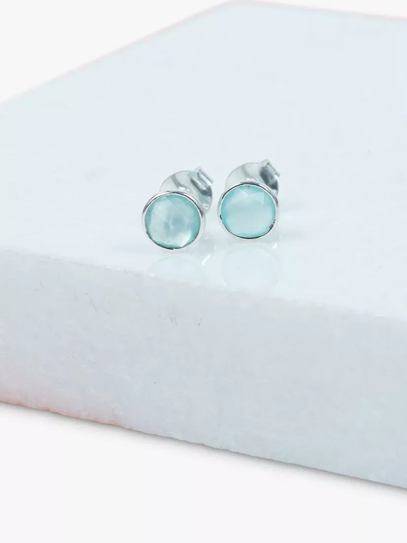Auree aqua chalcedony stud earrings in sterling silver, UK version