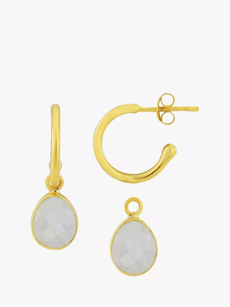 Auree gold hoop earrings with moonstone charm (British brand)