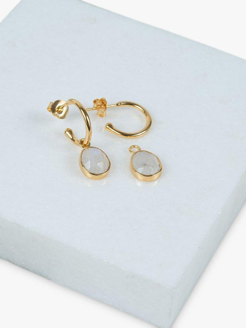 Auree gold hoop earrings with moonstone charm (British brand)