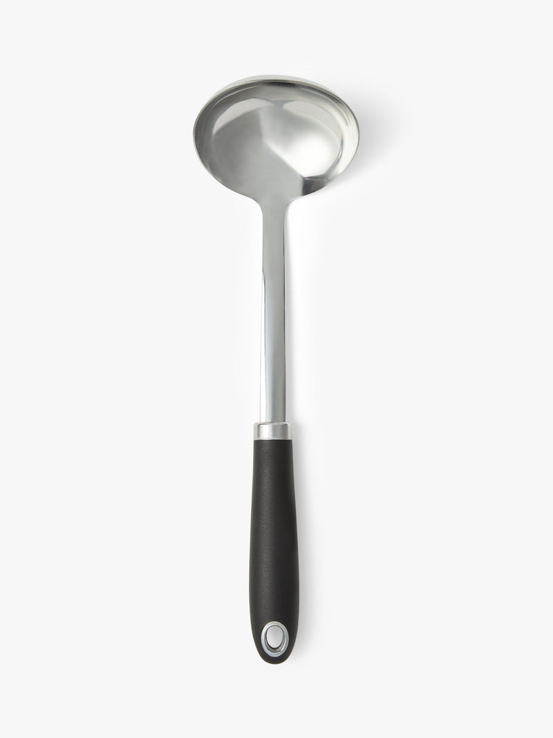 John Lewis soft grip handle stainless steel ladle in silver and black, UK version