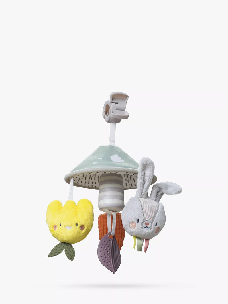 Taf Toys garden pram mobile with soft bunny, carrot teether, and rattling tulip (British brand)
