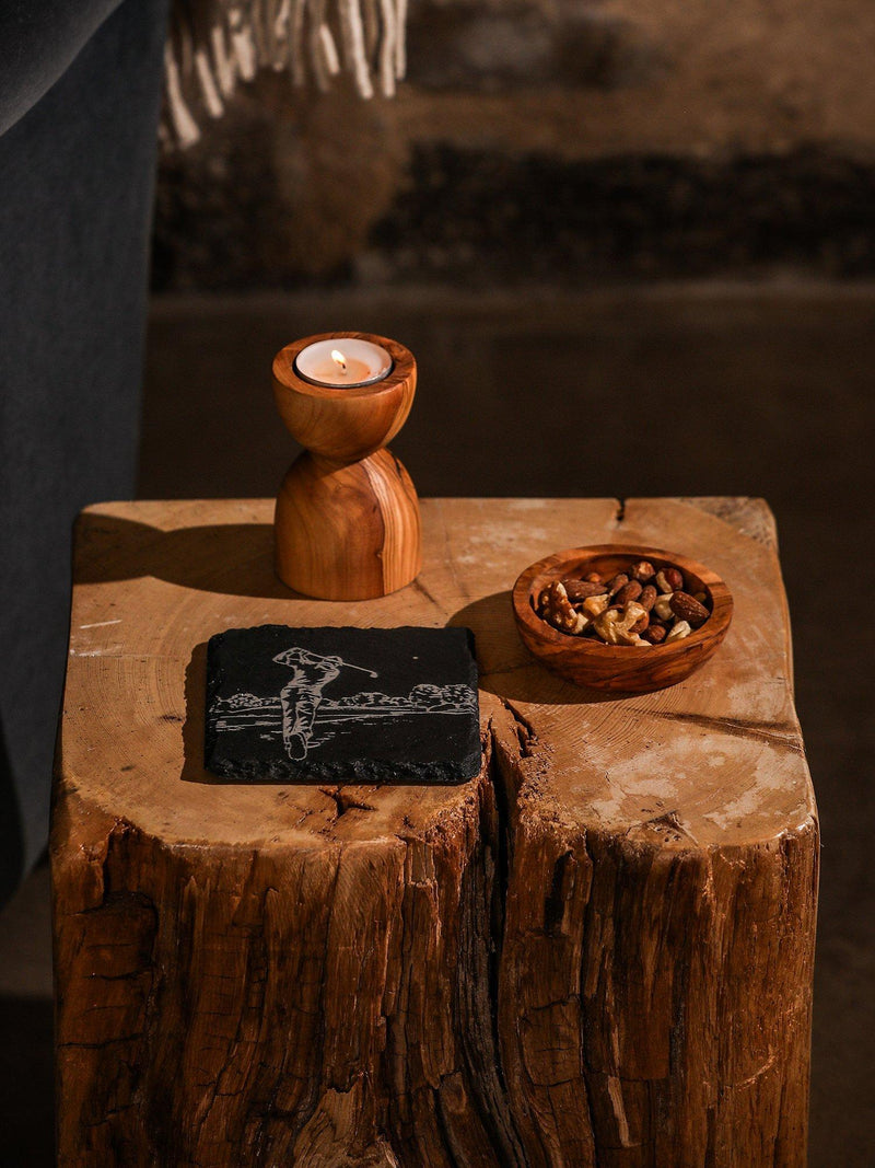 Selbrae House square slate coaster with golf design, natural finish - British product