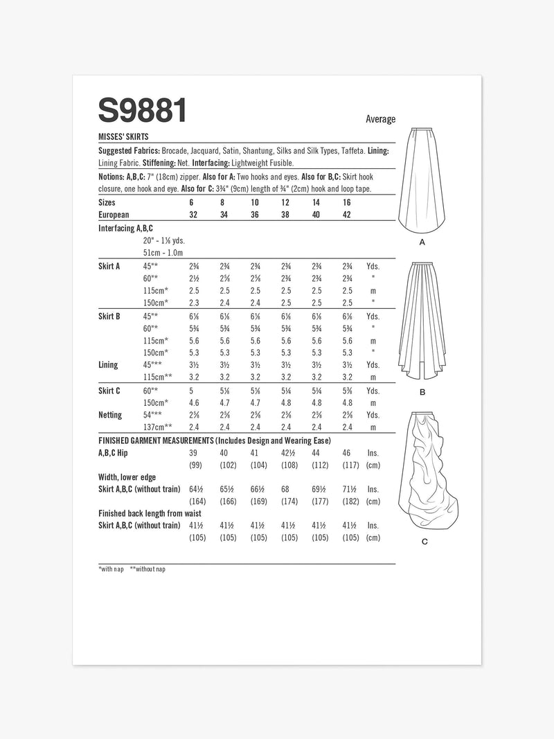 Simplicity floor length skirts sewing pattern S9881, UK version