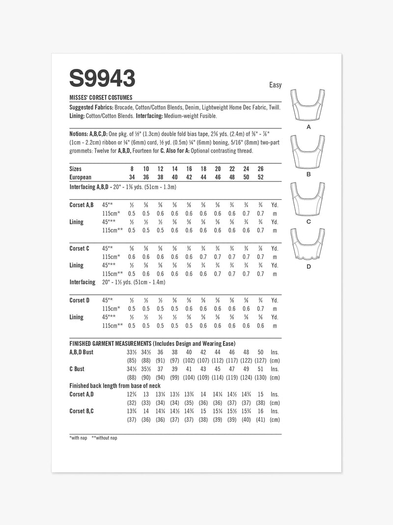 Simplicity corset costume sewing pattern S9943, UK version