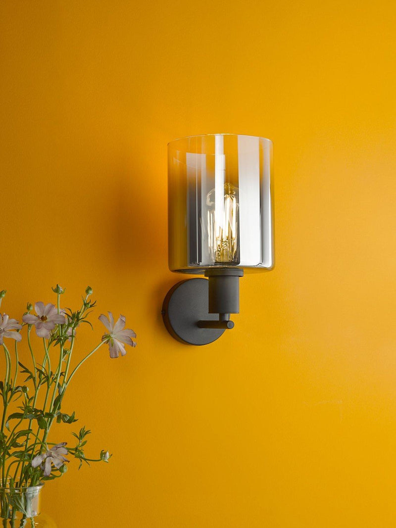 Där black and smoked glass wall light, imported from the UK