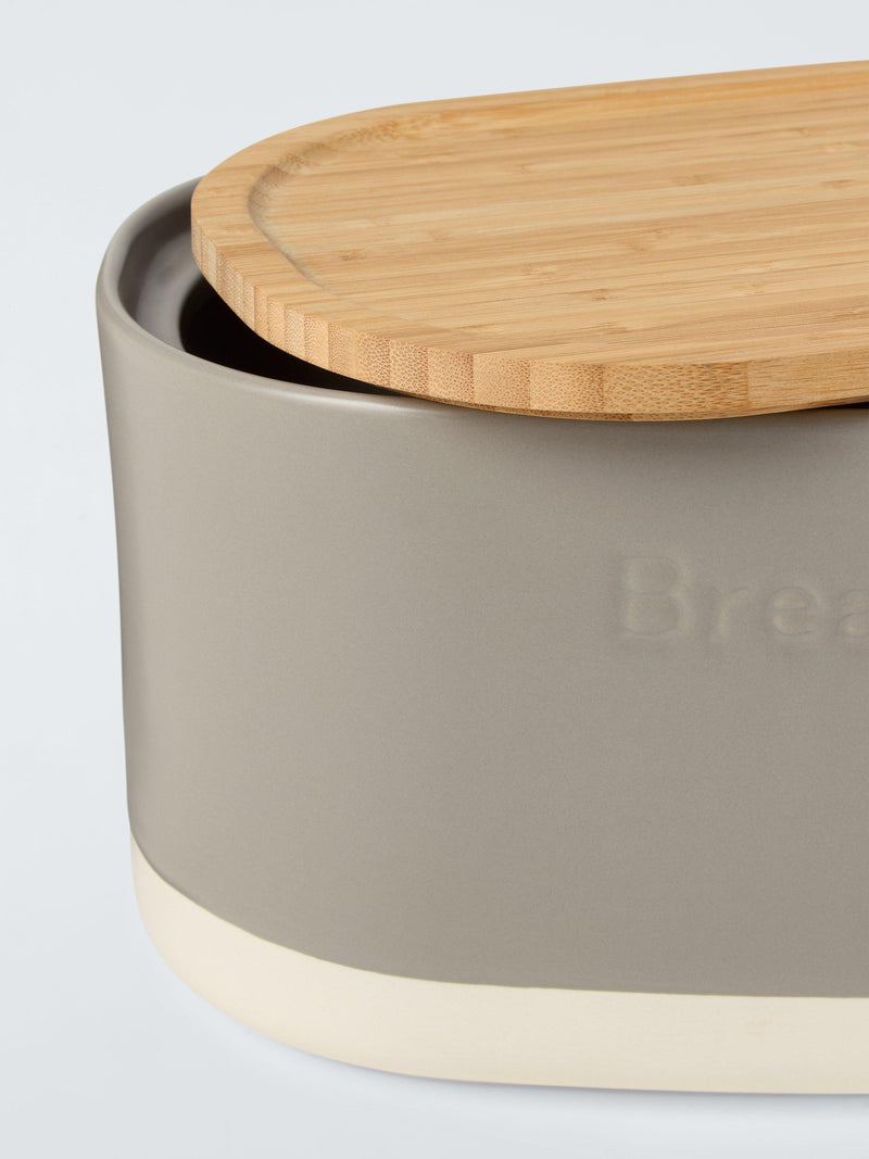 John Lewis stoneware bread bin grey bamboo lid, imported from the UK