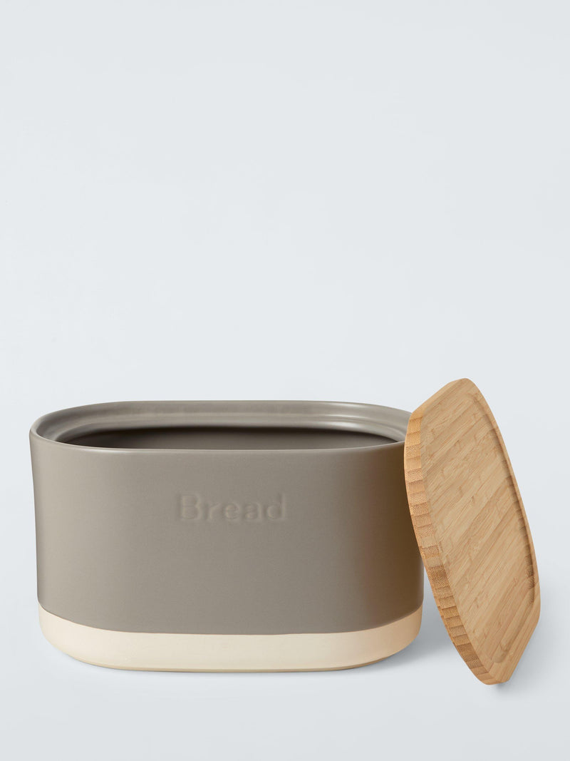 John Lewis stoneware bread bin grey bamboo lid, imported from the UK