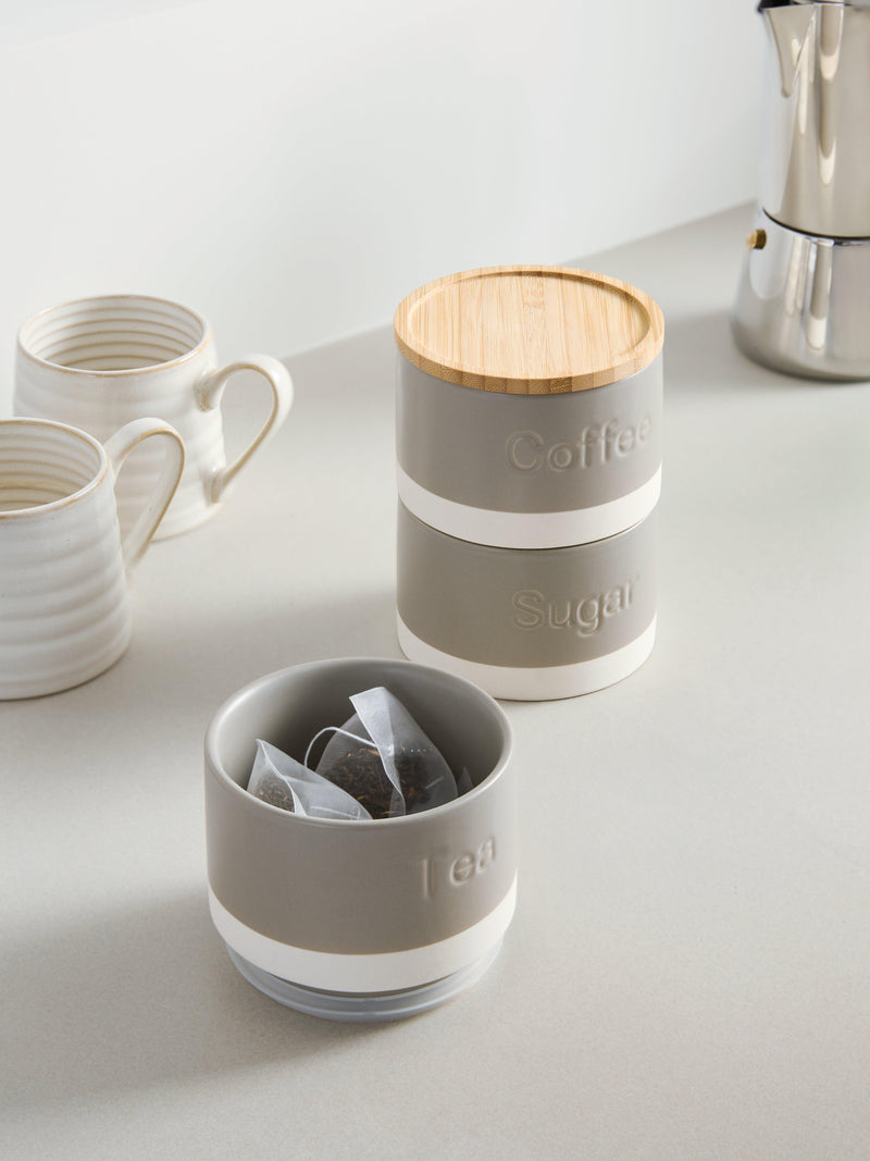 John Lewis grey stoneware caddy stack for tea coffee sugar (British brand)