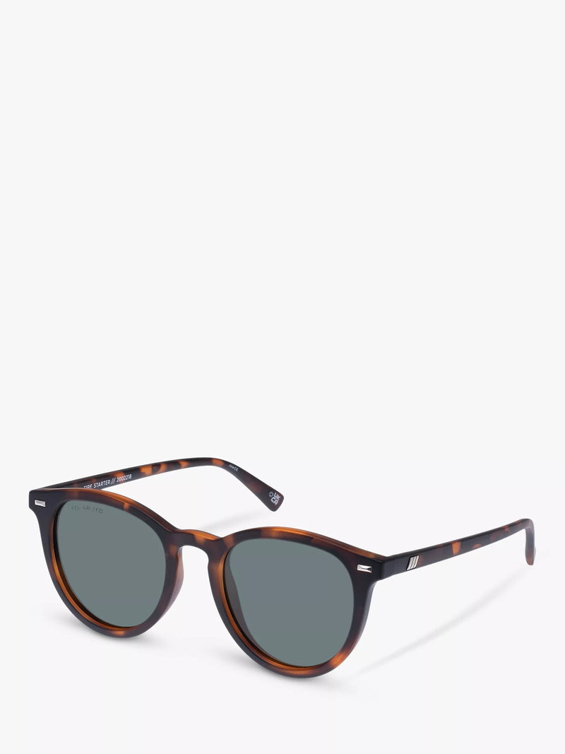 Le Specs Fire Starter polarized round sunglasses matte tortoise, imported from the UK