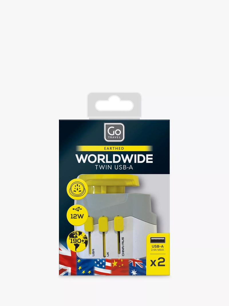 Go Travel worldwide adaptor with dual USB ports compact travel plug, imported from the UK