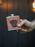 Selbrae House Highland Cow Leather Hip Flask (British brand)