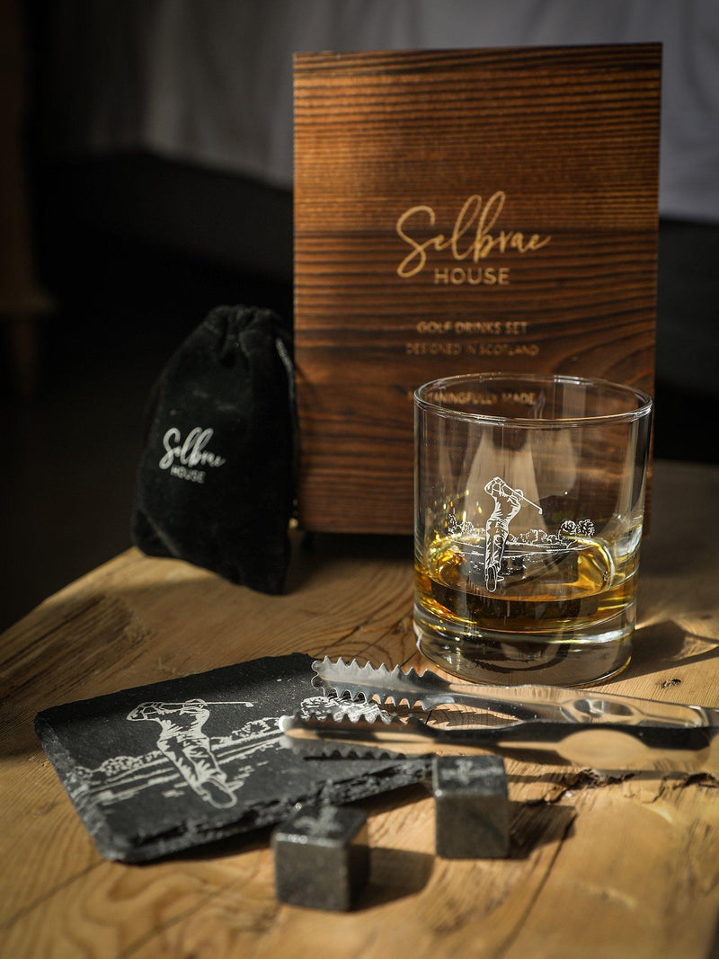 Selbrae House golf gift set with whisky glass and slate coaster - British product