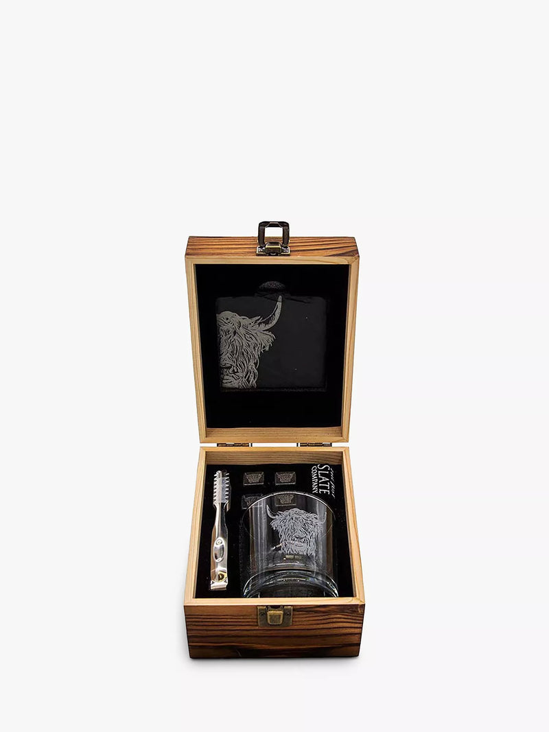 Selbrae House highland cow whisky gift set with coaster and stones, imported from the UK