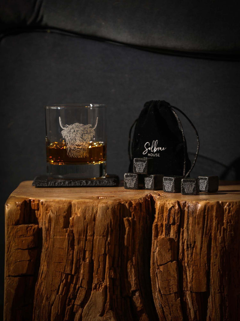 Selbrae House highland cow whisky gift set with coaster and stones, imported from the UK