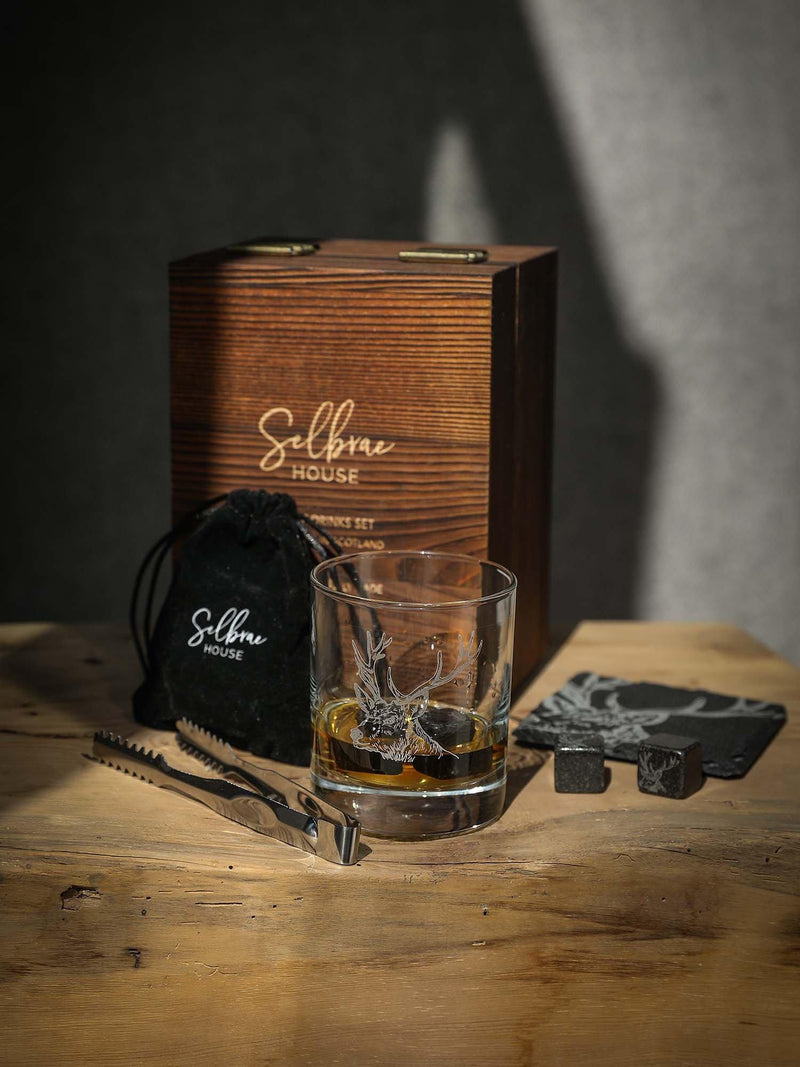Selbrae House stag whisky tumbler and coaster set, UK version