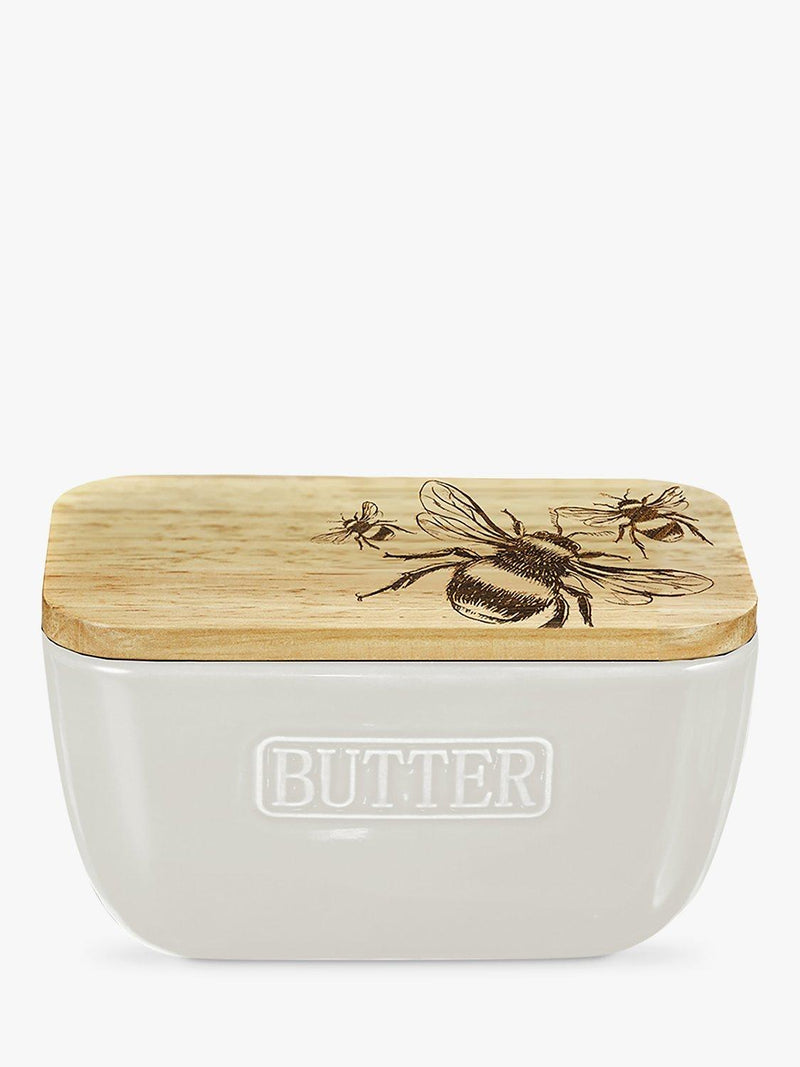 Selbrae House ceramic butter dish with oak wood lid and bee engraving, white (British brand)