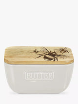 John Lewis Ceramic Butter Dish with Oak Wood Lid and Bee Engraving, White- Buy online at McGrocer
